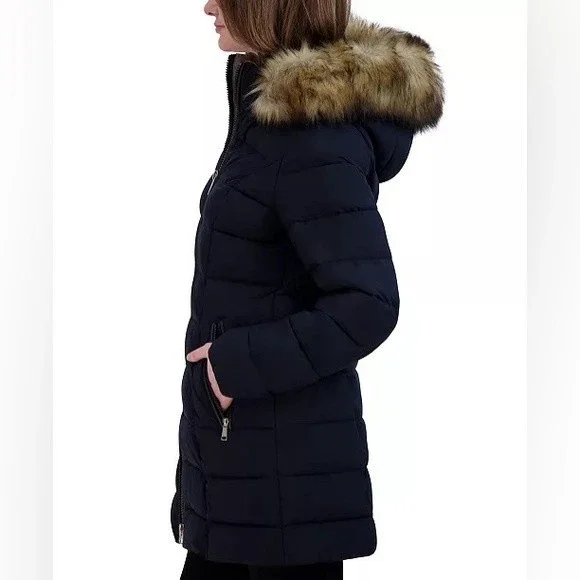 Women's Stretch Faux-Fur Trim Hooded Puffer Coat - Laundry by Shelly Segal - Picture 8 of 8